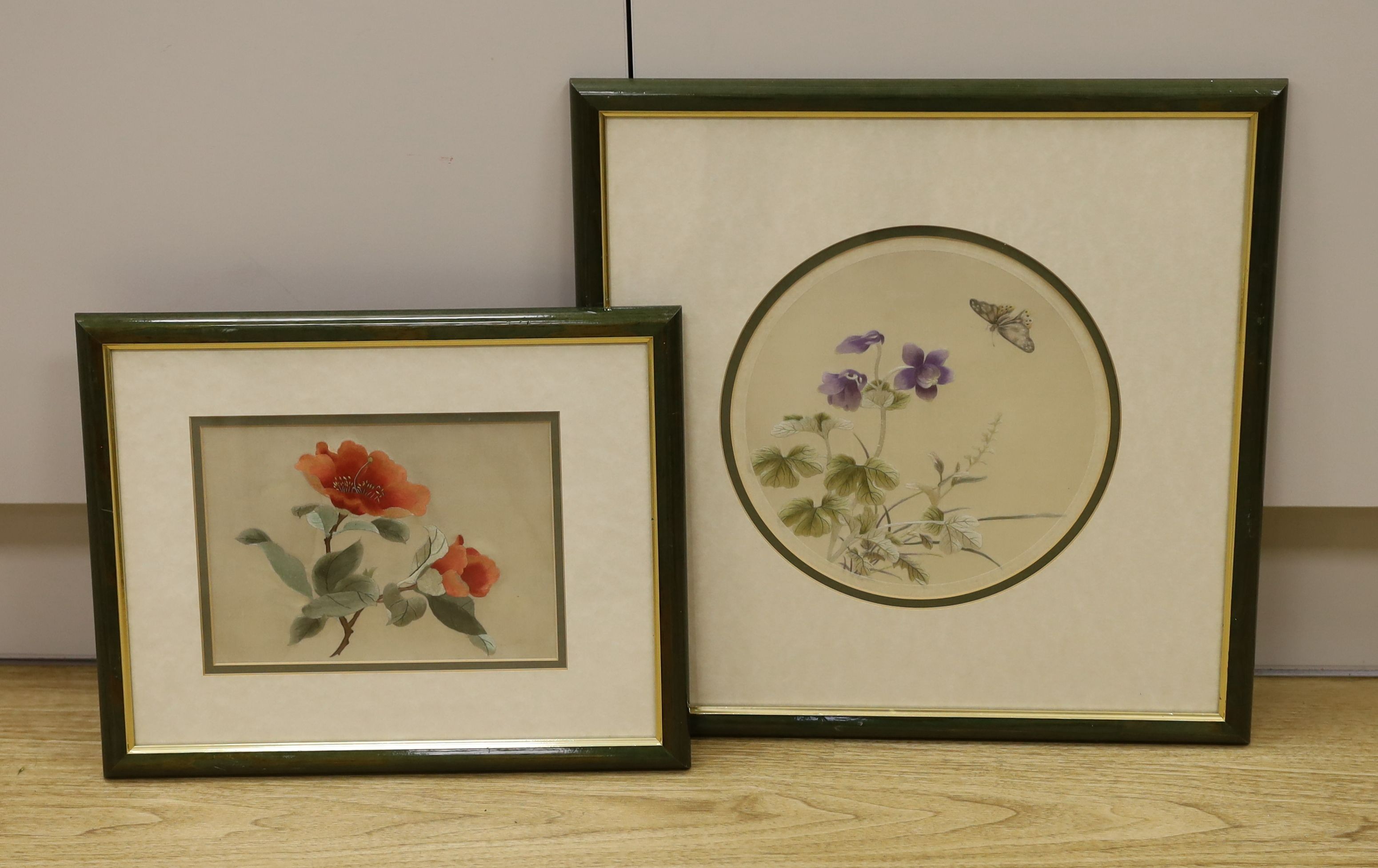 Two early 20th century Chinese botanical embroidered silk panels